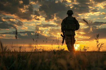 A soldier stands in a field at sunset, holding a rifle. The sky is filled with clouds, and the sun is setting in the distance. Scene is peaceful and serene, as the soldier stands alone in the field