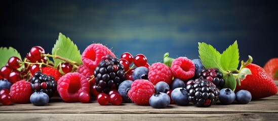 Poster - A rustic wooden background serves as the backdrop for a charming arrangement of fresh berries including blueberries and raspberries creating a visually appealing copy space image