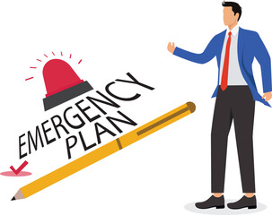 Business emergency plan or strategy illustration, emergency action plan, emergency action plan when business disaster occurs, business stand with a list of emergency plans with an alarm clock beeping