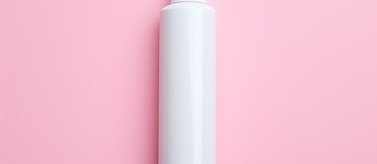 Poster - A white dispenser for shampoo cream or soap is seen from a top view on a pink background with plenty of room for text or images around it This blank plastic bottle is associated with skincare