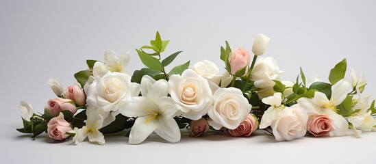 Poster - A flower arrangement with white blooms on a white backdrop conveying the themes of Valentine s Day Mother s Day and Women s Day Copy space image