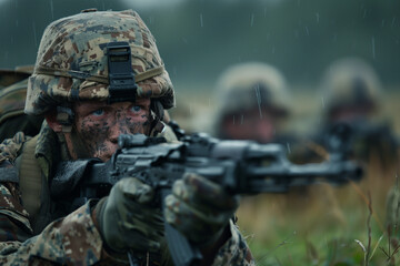 A man in a military uniform is holding a rifle and looking at the camera. Concept of tension and seriousness, as the man is in the midst of a battle or a dangerous situation