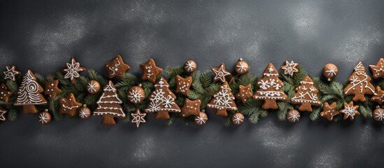 Canvas Print - A festive Christmas gingerbread tree with a gray background seen from above The image leaves room for copy or other elements. Creative banner. Copyspace image