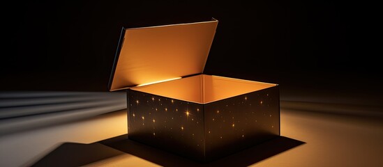 Poster - A partially open square cardboard gift box on a metallic background with space for copying an image. Creative banner. Copyspace image