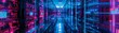 © Chanoknan - A futuristic data center with rows of servers and blinking lights. The servers are bathed in a blue and purple light.