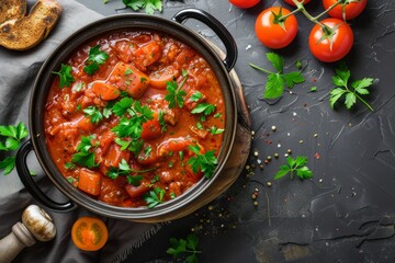 Canvas Print - Overhead view of a cooking pot filled with tomato stew, featuring chunks of tomatoes and parsley garnish