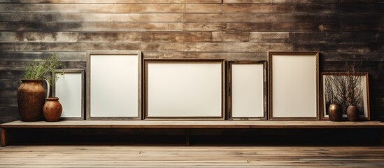 Aufkleber - Decorative photo frames arranged on a wooden table adding an aesthetic touch to the surrounding area The composition provides ample copy space for images