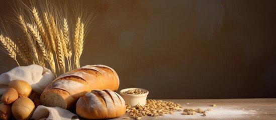 Poster - A beautiful composition featuring bread flour and spikelets arranged in a still life with ample copy space image
