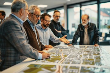 Wall Mural - Group of men sitting around a table, intensely studying a detailed map during an urban planning meeting