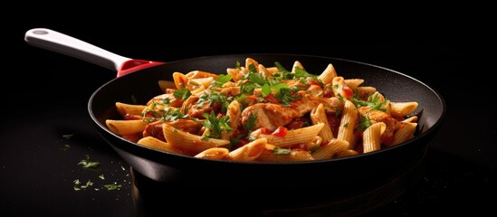 Aufkleber - Italian penne pasta with chicken cooked in a flavorful tomato sauce garnished with parsley showcased in a pan and placed on a black background for a visually appealing copy space image