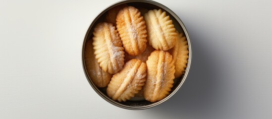 Poster - A top down photograph of a tin can filled with Danish butter cookies captured on a light textured backdrop featuring a copy space image