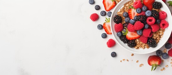Aufkleber - An overhead shot of a healthy breakfast consisting of homemade granola topped with yogurt and fresh berries presented in a flat lay style with plenty of negative space for text or other elements