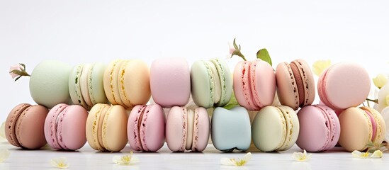 Aufkleber - A colorful array of pastel almond cookies known as macarons is placed on a light background with ample space for additional images or text