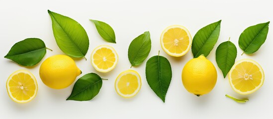 Aufkleber - A lemon complete with leaves and slices is shown isolated on a white background allowing for copy space to add your own text The photograph is taken from a top down perspective known as a flat lay