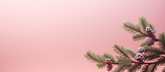 Poster - A festive composition featuring a decorated fir branch on a pink background providing a copy space image for your text during the joyful season of New Year and Christmas