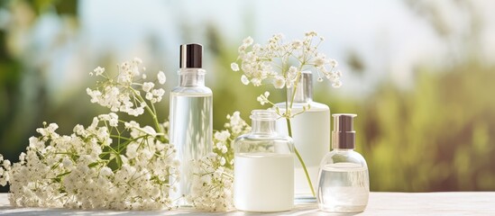 Poster - Copy space image featuring fancy healthcare bottles for serum micellar tonic toner lotion water and cream adorned with a delicate gypsophila branch illustrating a natural organic spa cosmetics concep