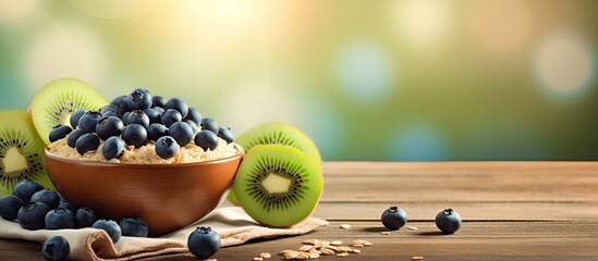 Aufkleber - A nutritious breakfast of oatmeal with blueberries and kiwi is beautifully presented on a wooden table leaving ample space for copy in the image