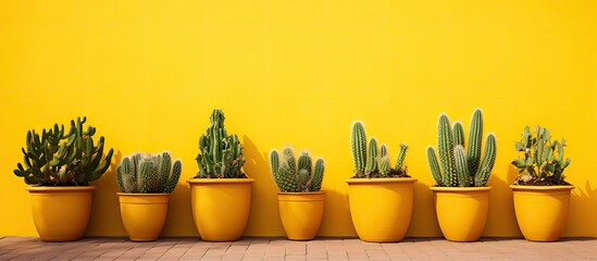 Poster - A yellow wall is adorned with large potted cacti. Creative banner. Copyspace image