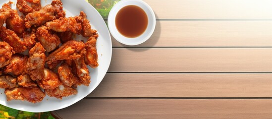Poster - Copy space image of fried sun dried pork and green cabbage leaves arranged in a white plate accompanied by a small bowl of hot chili sauce viewed from the top on a dining table