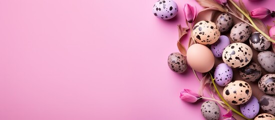 Aufkleber - A vibrant Easter scene featuring quail eggs nestled in a nest alongside tulips on a pink background The image is styled as a flat lay creating a spring composition perfect for a cheerful Easter greet