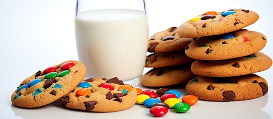 Aufkleber - A variety of multicolored cookies adorn a white background accompanied by chocolate chips and vibrant candies A bottle of milk rests nearby There is ample copy space for text making it suitable for h
