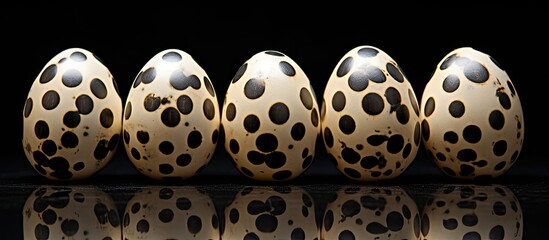 Poster - Closeup image of eight quail eggs arranged in a flower shape against a black background providing ample copy space
