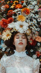 Wall Mural - Woman With Flowers on Head Laying on Ground. Generative AI