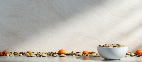 Wall Mural - A white bowl filled with pumpkin seeds is placed on a terrazzo countertop leaving empty space for additional content in the image