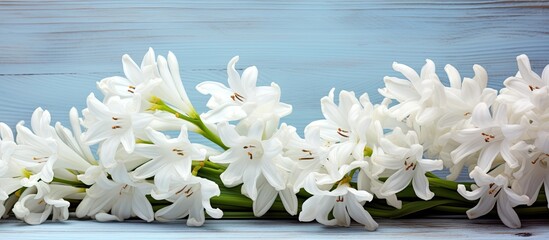 Canvas Print - White hyacinths in a bouquet placed on a weathered wood background create a visually captivating copy space image