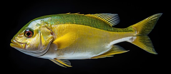 Poster - A close up top view of a fresh dorado fish against a black background with ample copy space for customization