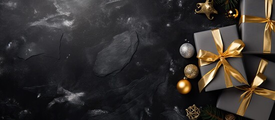 Poster - Top view of a black stone background adorned with gold and silver decorations and a present box creating a Christmas ambiance The image offers ample copy space