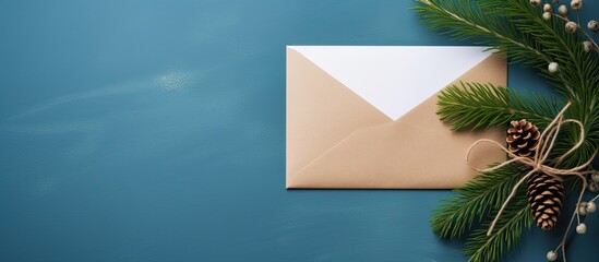 Poster - A winter holidays card featuring a mockup of an envelope adorned with a gift box and evergreen branches set against a blue paper background perfect for showcasing copy space images