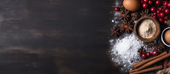 Aufkleber - A top down view of the ingredients needed to prepare Christmas baking shown with empty space for text or visuals. Creative banner. Copyspace image