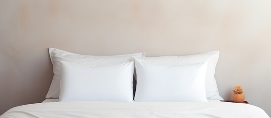 Poster - A white bed sheet and pillows are set against a clean interior background featuring a wallpaper pattern picture with empty space for copy or text. Creative banner. Copyspace image
