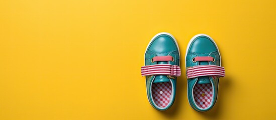 Poster - A top view photo of a pair of child s shoes placed on a colorful background ready for use as a flat lay copy space image