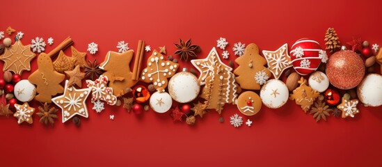 Poster - A festive arrangement featuring delicious Christmas cookies a cookie cutter and decorative balls against a vibrant background perfect for adding text or graphics 201 characters. Creative banner
