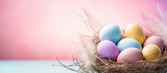 Aufkleber - Colorful Easter eggs displayed in a nest on a pastel background providing ample space for copy or additional images