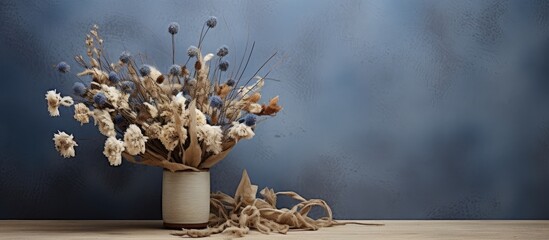 Poster - A copy space image of blue and white dried flowers arranged in brown wrapping paper on a wooden table against a gray cement backdrop