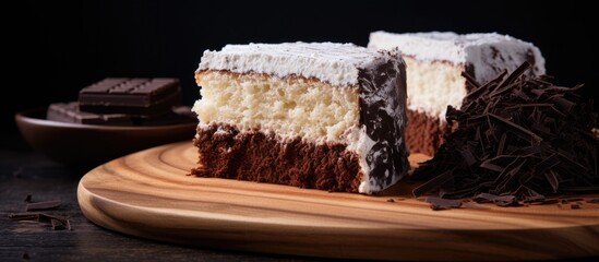 Aufkleber - A copy space image featuring layers of vanilla and chocolate cotton cake slices displayed on a wooden chopping board showcasing their soft and fluffy texture