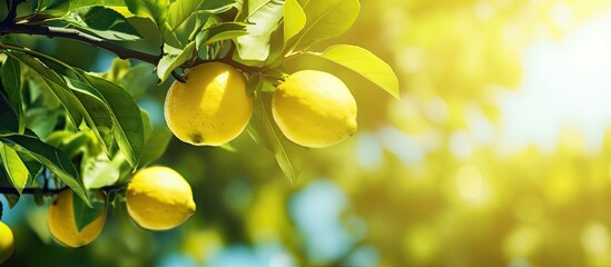 Poster - Copy space image of a lemon tree s horizontal branches filled with ripe lemons on a sunny day