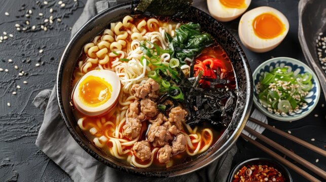 A bowl of Japanese ramen topped with sliced beef, seaweed, spring onion, and egg. and with a condiment of sesame seeds and chili powder. appetizing for one serving. close up view.