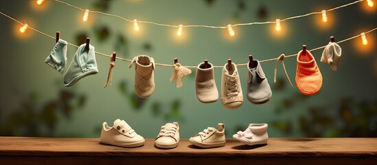 Poster - Copy space image with baby shoes and a photo hanging on a wooden clothesline backdrop
