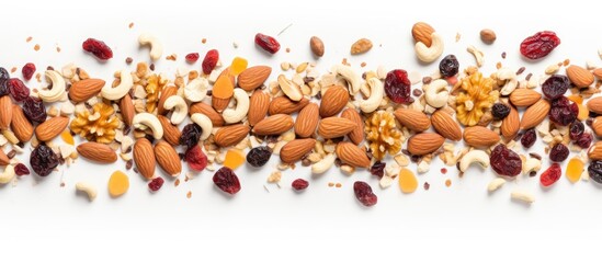 Aufkleber - Top view of a homemade granola with a variety of nuts and seeds spread on a baking sheet Perfect as a healthy breakfast option with a white background and enough space for additional images or text