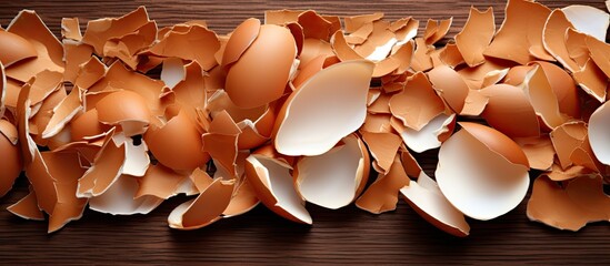 Poster - A wooden background provides copy space for a close up image of shattered organic brown eggshells