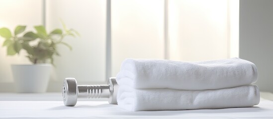 Aufkleber - An image illustrating the concept of a healthy lifestyle featuring a silver dumbbell and a white towel. Creative banner. Copyspace image