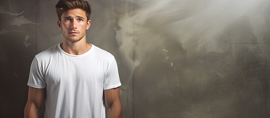 Wall Mural - Studio background with copy space image of a distressed young man wearing a white t shirt