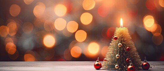 Poster - A luminous Christmas tree serves as the backdrop for a burning candle and festive Christmas decorations The scene is perfect for a copy space image