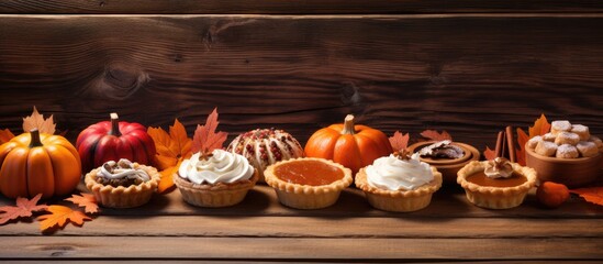 Aufkleber - Autumn inspired Thanksgiving concept featuring a spread of delicious homemade pumpkin tartlets and mini pies on a rustic wooden background creating a copy space image