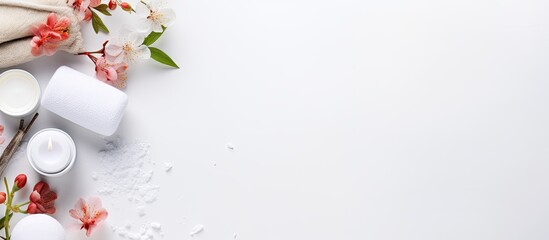 Poster - White paper background with spa cosmetic products arranged in a flat lay style Ideal for creating copy space image
