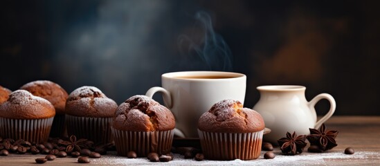 Aufkleber - Delicious homemade chocolate muffins and a steaming cup of white coffee sitting on a gray table background creating a delightful breakfast treat Ample copy space available for additional elements or
